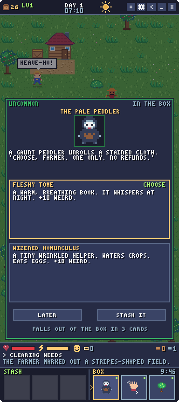 The Pale Peddler choice card offers a whispering fleshy tome or a tiny hired homunculus