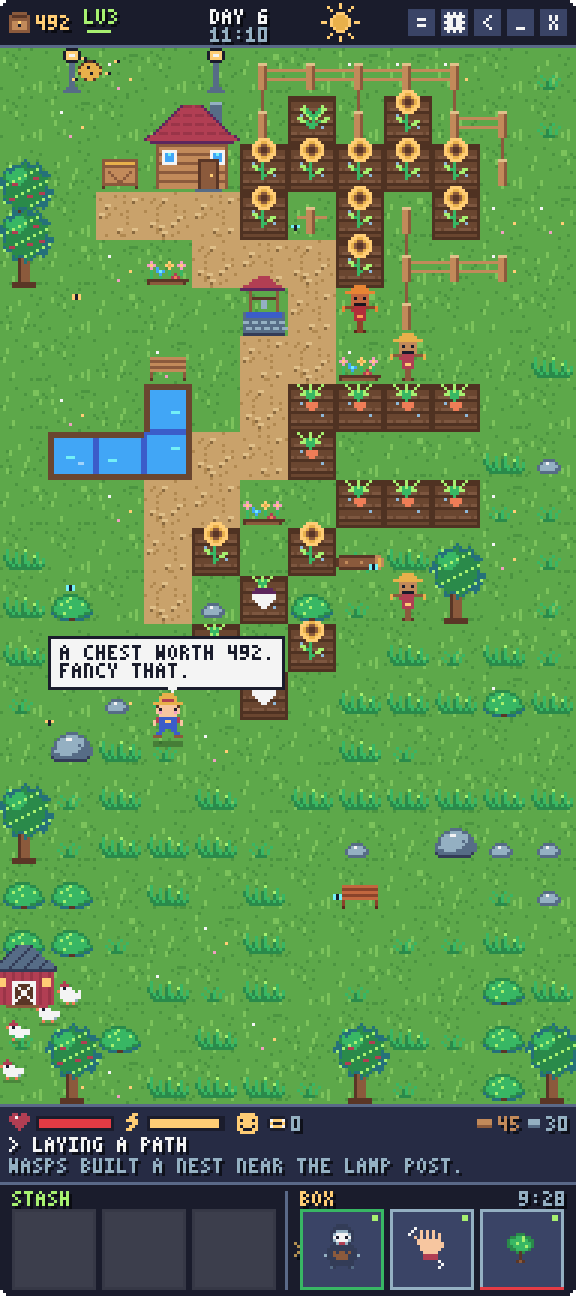 A sunny pixel farm with sunflower fields, paths, a pond and a busy farmer