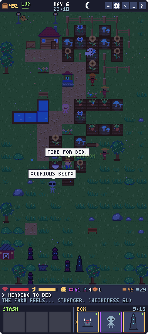 The same farm at night with glowing crops, dark totems and a mysterious visitor